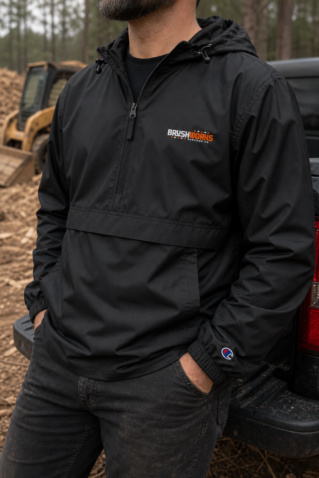 BUBO_REF_APPROVED_2026-05-27 | brushworks-embroidered-champion-packable-jacket-black | Brushworks Packable Jobsite Jacket — Black